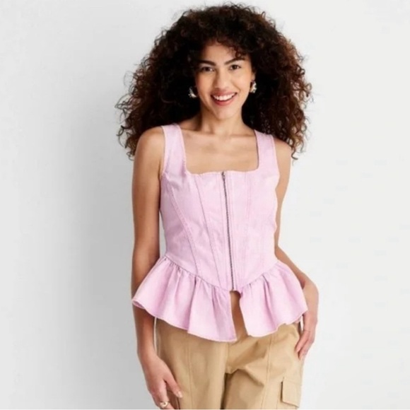 Future Collective | Pink Denim Corset Sleeveless Top Limited Edition Size L - Picture 1 of 13